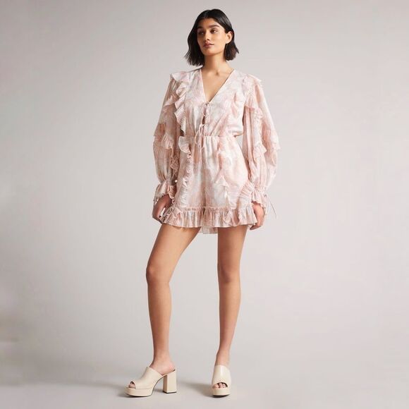 NWT Ted Baker Ted Baker Irvete Soft Ruffle Playsuit Romper in Coral Sz 2 Medium - Picture 2 of 12